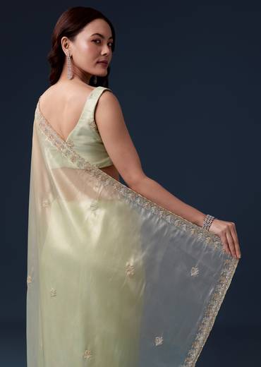 Pista Green Tissue Saree With Cutdana Beads And Sequin Embroidery