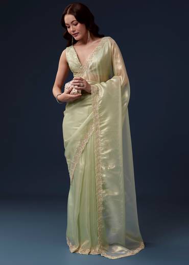 Pista Green Tissue Saree With Cutdana Beads Sequins And Zardosi Work