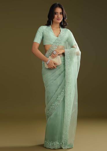 Pista Green Tissue Saree With Embroidered Scallop Border