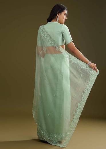 Pista Green Tissue Saree With Embroidered Scallop Border