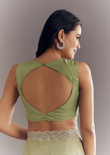 Pista Green Tissue Saree With Leaf Motif Embroidery In Sequins And Cutdana