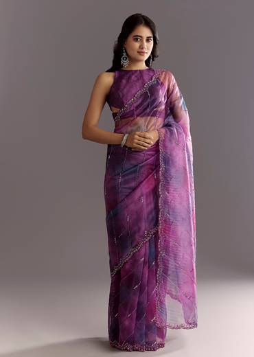 Plum Purple Shaded Organza Saree With Cutdana And Sequin Embroidery