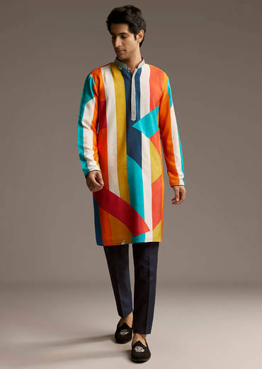 Poppy Multicolour Silk Kurta Set For Men With Print