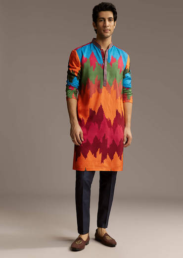 Poppy Multicolour Silk Kurta Set For Men With Vibrant Zigzag Print