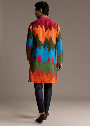 Poppy Multicolour Silk Kurta Set For Men With Vibrant Zigzag Print