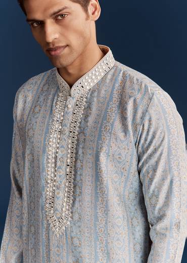 Powder Blue Silk Kurta With Mirror Work