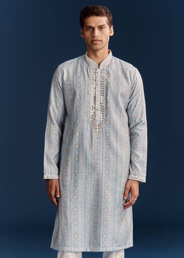Powder Blue Silk Kurta With Mirror Work