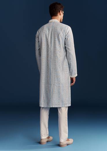 Powder Blue Silk Kurta With Mirror Work