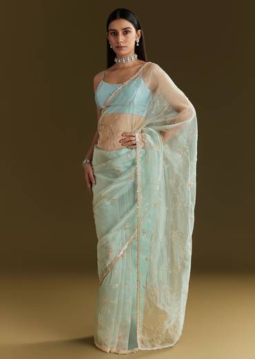 Powder Blue Tissue Embroidered Saree With Scallop Border
