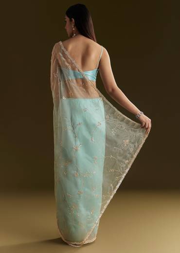 Powder Blue Tissue Embroidered Saree With Scallop Border