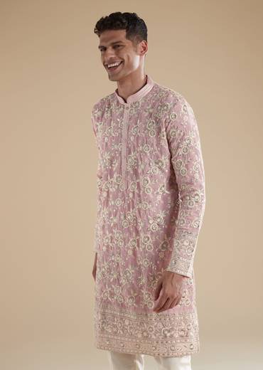 Powder Pink Kurta Set With Thread Resham And Sequins Detail
