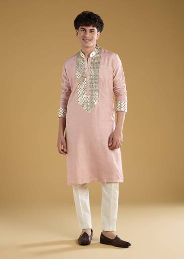 Powder Pink Mens Kurta Set With Beads Metal Leather And Zari Work