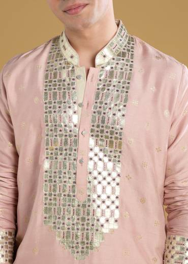 Powder Pink Mens Kurta Set With Beads Metal Leather And Zari Work