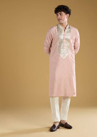 Powder Pink Mens Kurta Set With Beads Metal Leather And Zari Work