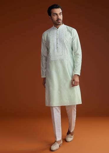Powder Pista Green Silk Kurta Set With Resham Embroidery