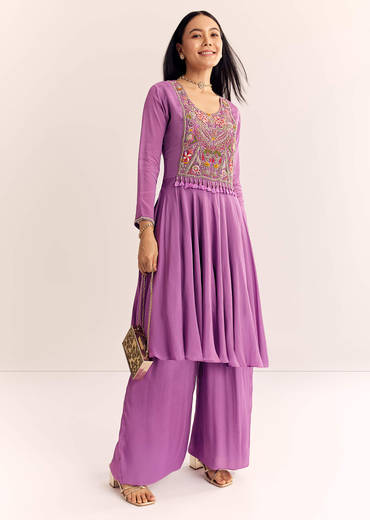 Purple Chinon Zardosi Kurta Palazzo Suit