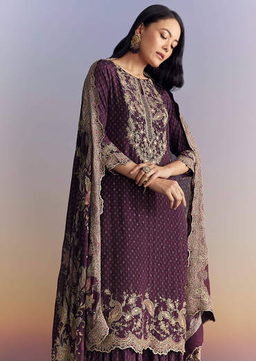 Purple Crepe Sharara Suit With Indie Print And Zari Work