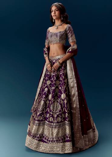 Purple Embroidered Bridal Lehenga With Dupattas