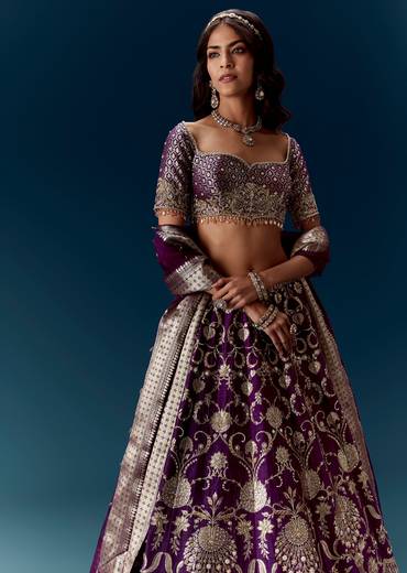 Purple Embroidered Bridal Lehenga With Dupattas