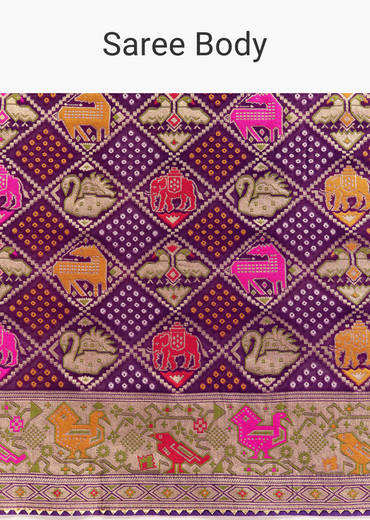 Purple Georgette Bandhani Saree With Animal Motifs And Gota Border