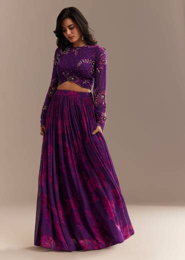 Purple Georgette Floral Printed Lehenga Set