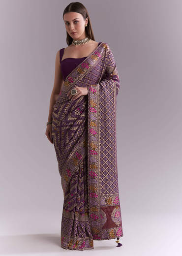 Purple Georgette Saree With Heavy Zari Work And Brocade Border