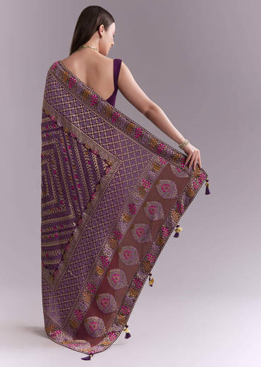 Purple Georgette Saree With Heavy Zari Work And Brocade Border