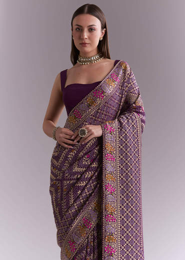 Purple Georgette Saree With Heavy Zari Work And Brocade Border