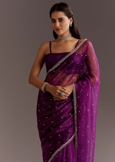 Purple Glass Tissue Saree With Cutdana And Sequins Scallop Border