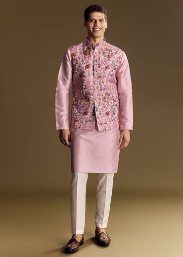 Purple Jacquard Jacket Kurta Set With Subtle Animal Motif