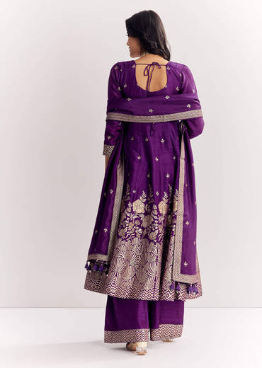 Purple Jacquard Silk Anarkali Dupatta Suit With Traditional Weave
