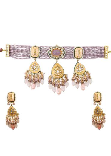 Purple Kundan Layered Necklace And Earring Sets