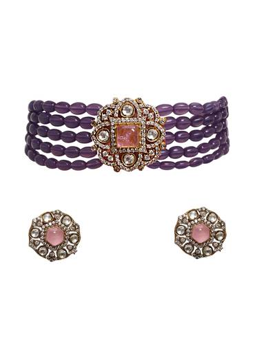 Purple Kundan Layered Necklace and Earring Set