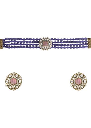 Purple Kundan Layered Necklace and Earring Set