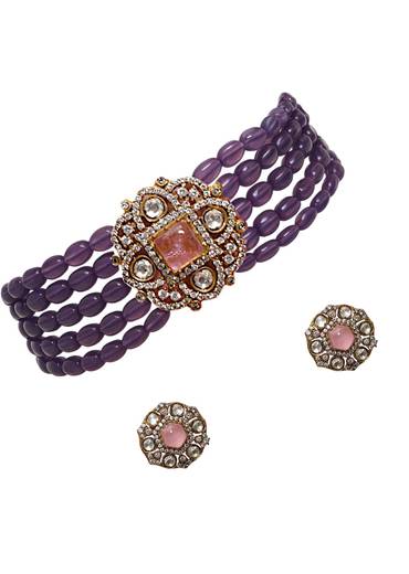 Purple Kundan Layered Necklace and Earring Set