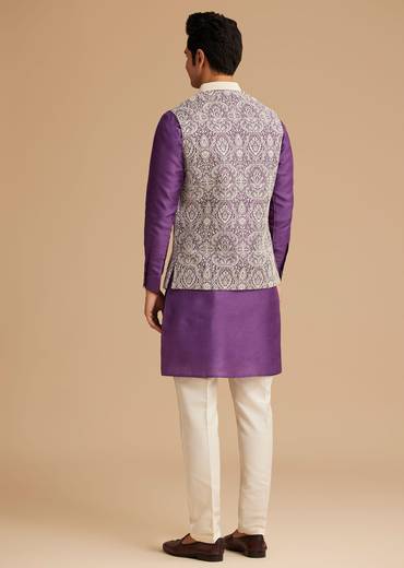 Purple Kurta Jacket Set With Resham Embroidery And Handworked Collar
