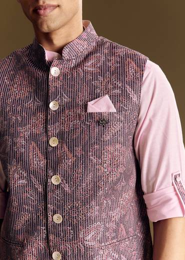 Purple Linen Jacket And Shirt Featuring Floral Kantha Detailing