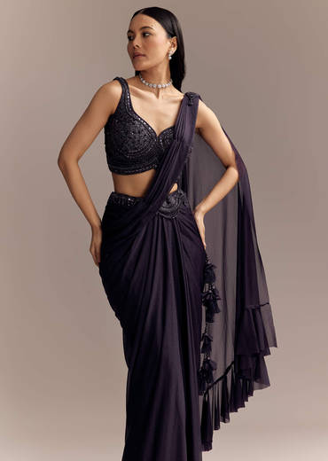 Purple Lycra Ready Pleated Saree With Embroidery And Matching Blouse