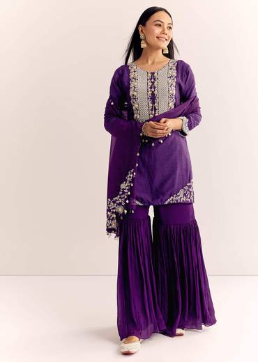 Purple Moti Threadwork Dola Silk Sharara Suit With Organza Dupatta