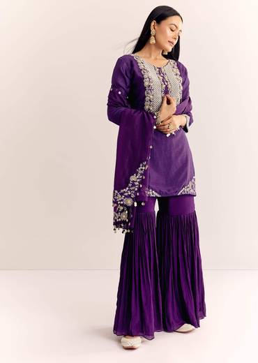 Purple Moti Threadwork Dola Silk Sharara Suit With Organza Dupatta