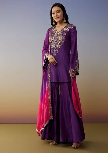 Purple Ombre Satin Palazzo Suits with Zardosi Sequins Work