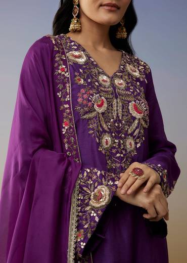 Purple Ombre Satin Palazzo Suits with Zardosi Sequins Work