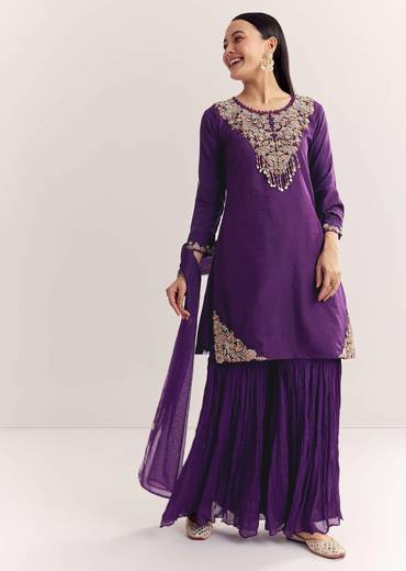 Purple Organza Embroidered Kurta Set With Dupatta