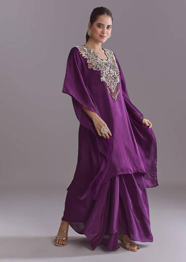 Purple Organza Kaftan Top And Drape Skirt Set With Thread Work
