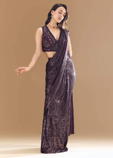 Purple Ready Pleated Shimmer Net Saree with Blouse