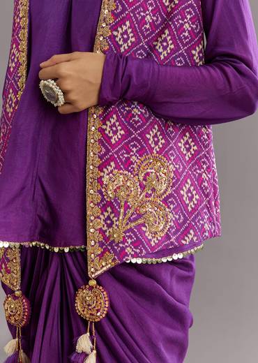 Purple Russian Silk Jacket Set With Zardosi Border and Fancy Pleated Skirt