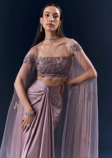 Purple Satin Crop Top And Drape Skirt Set With Lace Work