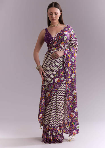Purple Satin Saree With Ikat Print And Nature Motifs