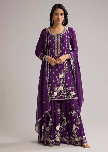 Purple Sequin Embroidered Palazzo Set With Dupatta