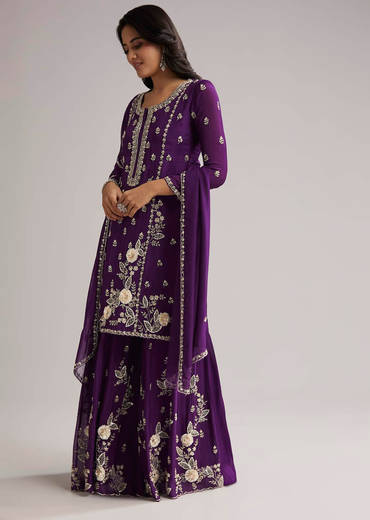 Purple Sequin Embroidered Palazzo Set With Dupatta